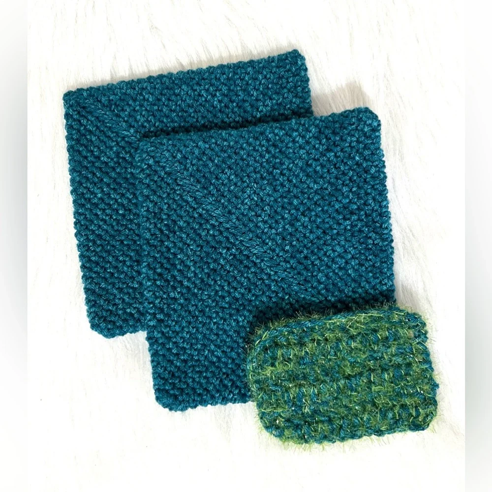 Two Crocheted Handmade Potholders Trivets Dish Scrubbie Washable Blue Green NEW